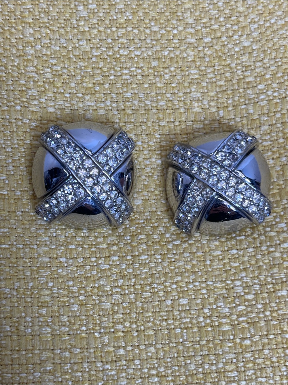 Vintage CINER 80s Silver-Tone Crystal X-Accent Button Earrings